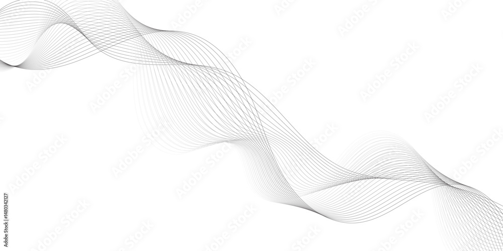Poster Abstract grey, white smooth element swoosh speed wave modern stream background. Wave with lines created using blend tool. Abstract frequency sound wave lines and twisted curve lines background.	