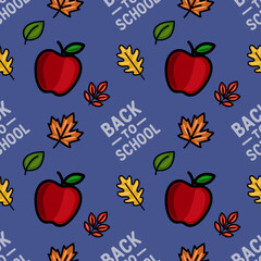 A vibrant vector seamless pattern featuring red apples, autumn leaves, and the phrase 