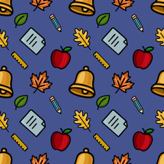A cheerful vector seamless pattern featuring school supplies, autumn leaves, and apples on a deep blue background, ideal for back-to-school designs and fall-themed projects.
