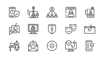 Fraud and scams line icon set. Cyber crime, web, virus, fraud, malware bug, scams, criminal, phone, server, folder, file, phishing, and cyber security outline vector icon. UI thin outline icon pack