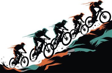 Obraz premium Mountain Biker Silhouettes Downhill Cycling Vector
