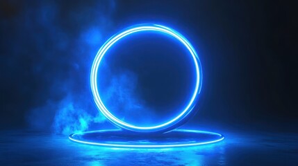 Illuminated portal with neon blue glowing circle and smoky backdrop display