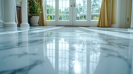 Shiny marble floor reflects French doors