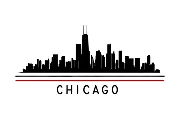 Naklejka premium Chicago Skyline Silhouette, Cityscape Architecture, Black and White, Red Line Accent