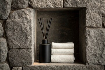 Aromatic reed air freshener and towels on shelf in spa salon