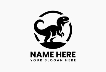 Dynamic black dinosaur silhouette with pointed teeth and swirling motion lines isolated on white. Kids illustration concept