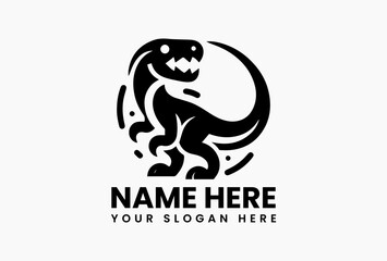 Black cartoon dinosaur silhouette with fierce teeth and energetic curved lines on white background. Childrens design concept