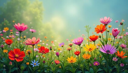 Obraz premium Vibrant wildflowers forming a continuous print , wildflowers, wallpaper, backdrop