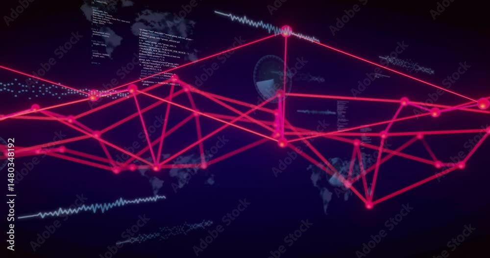 Aufkleber Neon red nodes pulsing and connecting glowing lines over dark map with code and waveform graphs