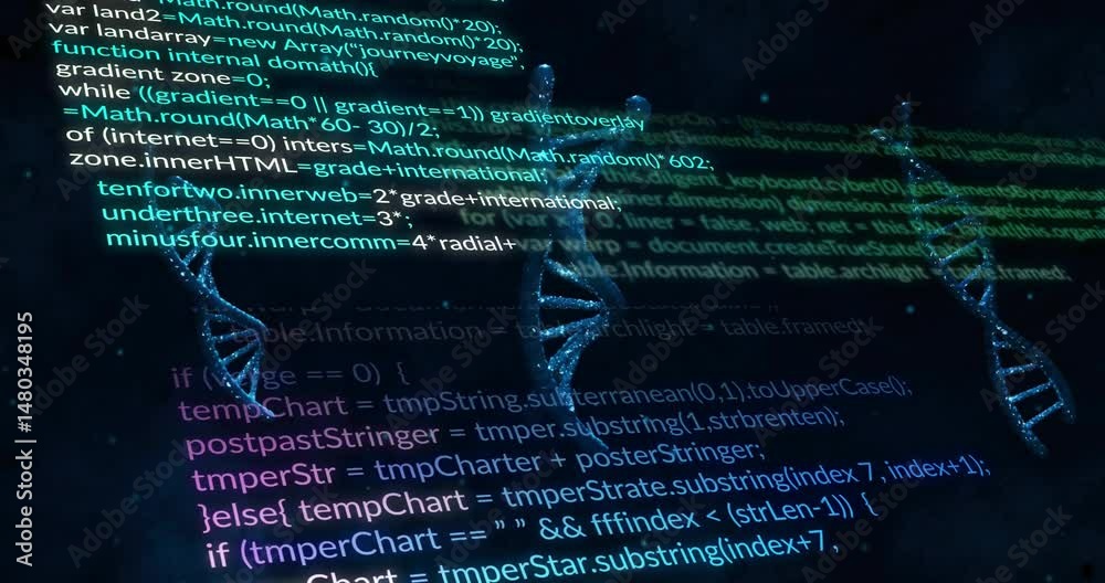 Poster programming code text floating over dark starry 3d render, dna helices weaving behind