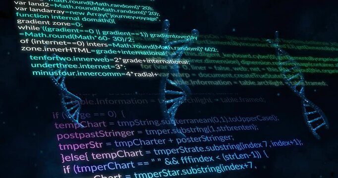 Programming code text floating over dark starry 3D render, DNA helices weaving behind