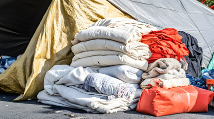 Stacked blankets and sleeping bags near a makeshift tent in an outdoor setting, showcasing community support and warmth