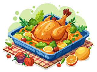 A flat vector of a whole roasted chicken in a deep baking tray with vegetables around. White background, festive food illustration