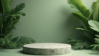 Product podium with leaves and green plants background