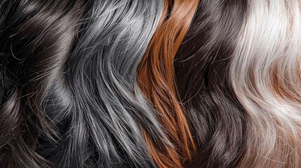 close-up of a hairbrush filled with strands of gray and dyed hair, illustrating shedding and color fading. The messy tangle emphasizes hair care struggles. hair shedding, gray hair loss, dyed 