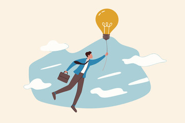 Big idea to solve business problem, invention or innovation to drive business growth or work achievement concept, smart businessman manager holding light bulb floating balloon flying high in the sky.