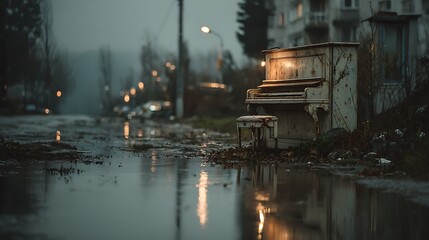 Obraz premium Abandoned Piano in Rainy City Street at Dusk Evoking Melancholy and Mystery