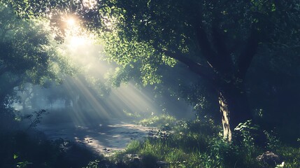 Obraz premium Sunlit Forest Path: A captivating vista unfolds as sunbeams cascade through a verdant canopy, illuminating a tranquil forest path, and evoking a sense of serenity and wonder.