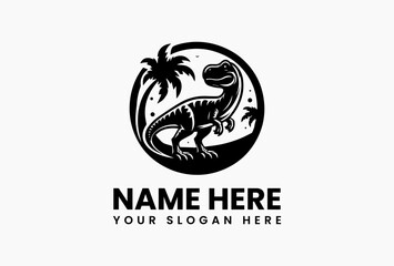 Stylized black dinosaur silhouette showing sharp teeth with swirling dynamic lines on white. Kids art concept