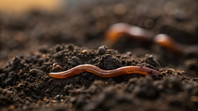 World environment habitat restoration concept. A close-up of an earthworm crawling through moist soil, highlighting details of the worm and the earth&rsquo;s texture.
