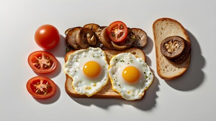 Obraz premium Floating breakfast ingredients – fried egg, sausage, sliced tomato, mushrooms, toast – all arranged vertically on a white background, realistic shadows and lighting, cut-out style,Generative Ai 