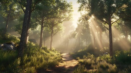 Fototapeta premium Sun-Kissed Forest Path: A mystical forest scene with sunlight streaming through the towering trees, illuminating a serene path that beckons exploration.