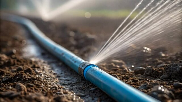 World environment habitat restoration concept. A blue irrigation pipe leaks water onto soil, causing a spray, highlighting water wastage and maintenance issues in agriculture.