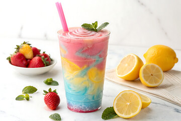 A colorful drink with a straw in it is on a white background AI  generate.