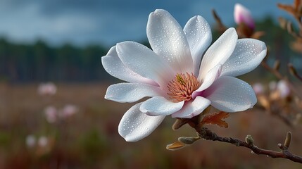 Botanical Magnolia Illustration with Creamy Petals and Orange Stamens Featuring Growth Cycle on Bokeh Nature Backdrop
