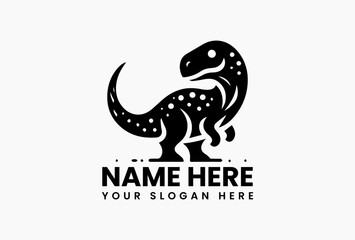 Playful black dinosaur silhouette with sharp teeth and dynamic curved lines isolated on white background. Childrens illustration concept