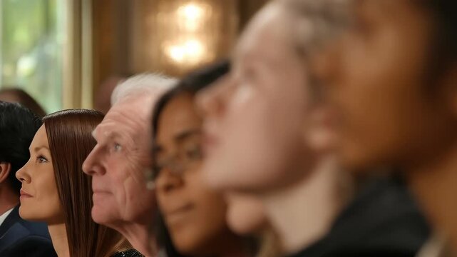 Diverse audience members listening attentively inside a warm, classic performance hall with decorative lighting, in a row with varied ages.