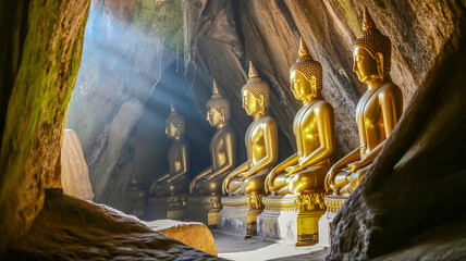 Obraz premium Golden gautama statues inside a cave synagogue 
