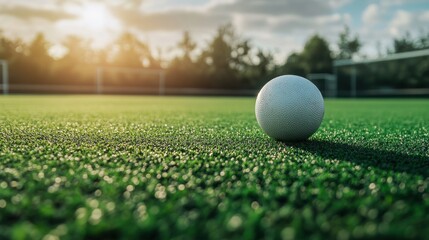 A close-up view of a white ball resting on vibrant green turf during sunset, capturing a serene sporting atmosphere.