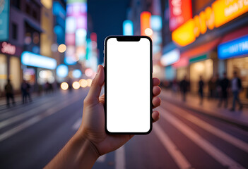 Mobile App Template: Hand Holding Phone with Empty White Display on Blurred Nighttime Urban Scene