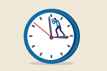 Turn back time to change or fix mistake, inevitable failure or urgency closed to deadline concept, businessman standing on clock hour hand manage to push back minute hand to turn back time.