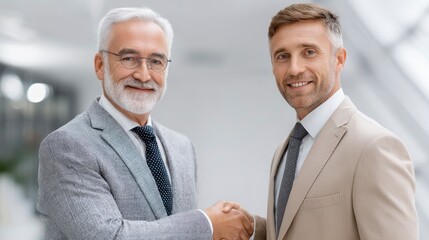 Business People Handshake Smiling in Office Setting