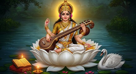 Saraswati with Veena on Lotus