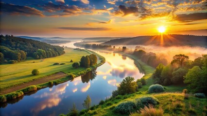Fototapeta premium Serene sunrise over tranquil river valley, serene landscape, tranquil scenery, serene landscape