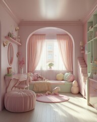 Pink themed nursery room interior with window seat and toys in a dreamy setting, soft light, eye-level