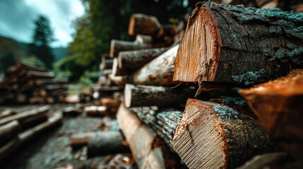Close-up shot of chopped logs in a blurred forest background. Stacked for fuel