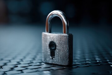 Fototapeta premium Close-up of silver padlock resting on dark surface symbolizing security and data protection in a digital world concept