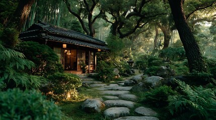 Serene Japanese Garden House nestled amongst lush greenery, stone pathway, tranquil atmosphere, peaceful retreat, zen garden, nature escape.