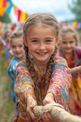 a group of children in traditional Tatar outfits, colorful festival flags and a rural landscape in the background