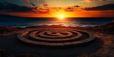 Exploring ethical science policies in coastal landscapes a serene sunset labyrinth experience