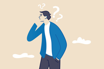 Skeptical, distrust or questioning about business deal, thinking to make decision, doubtful or confusion concept, businessman with suspicious gesture thinking about things with question mark signs.