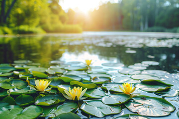a pond with water lilies and a sun shining