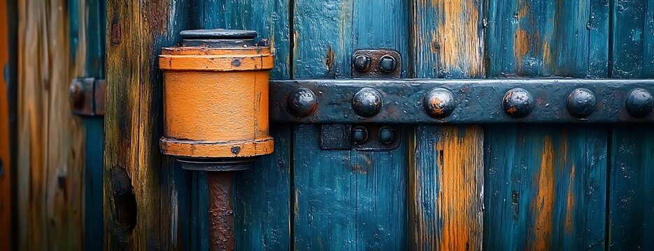 Rusty orange lock on aged teal door