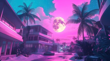 Cityscape with palm trees and buildings under a full moon in a vibrant, colorful, surreal style. The scene is bathed in shades of pink, purple, and blue.