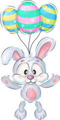 Obraz premium Easter bunny with balloons. Illustration of the Easter bunny flying on balloons in the form of Easter eggs.
