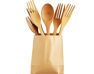 Reusable bamboo cutlery set in paper bag